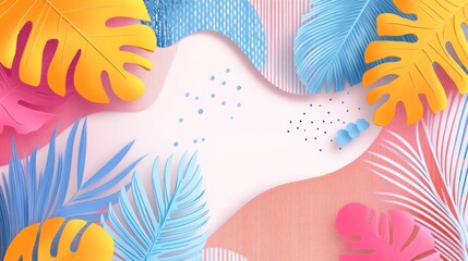 Colorful tropical leaves frame a light and airy abstract background