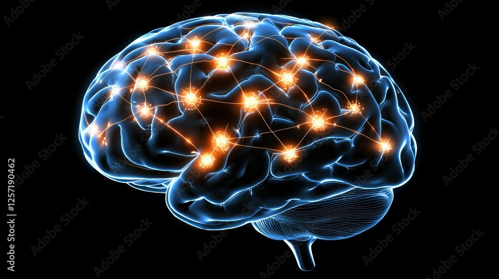 Aufkleber neon digital brain with bright connections representing neural activity and cognitive processes in a