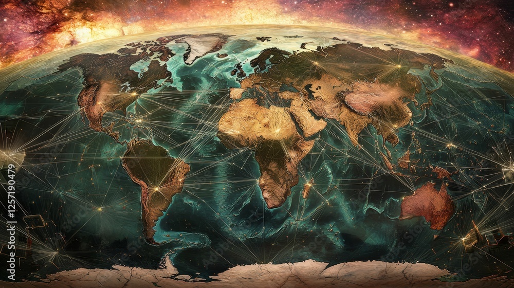 Poster stunning artistic representation of a detailed world map with global network connections illuminated
