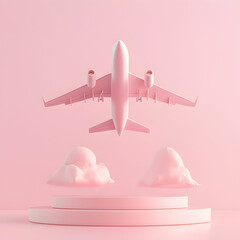 Pastel pink airplane with podium Plane take off and pastel background 3d render