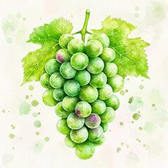Green grape cluster with watercolor splashes and vibrant leaves, artistic and fresh