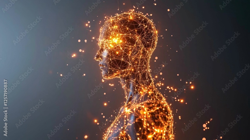 Poster digital representation of a human figure with glowing network connections and particles on a dark ba