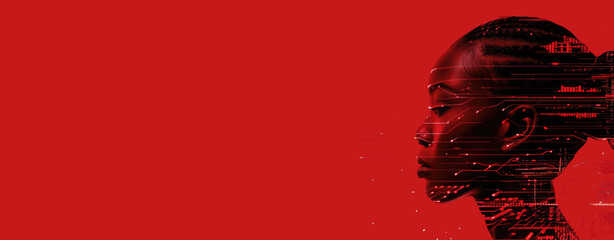 Profile of a woman with digital circuit technology overlay against a vibrant red background offering ample copy space for text or designs.