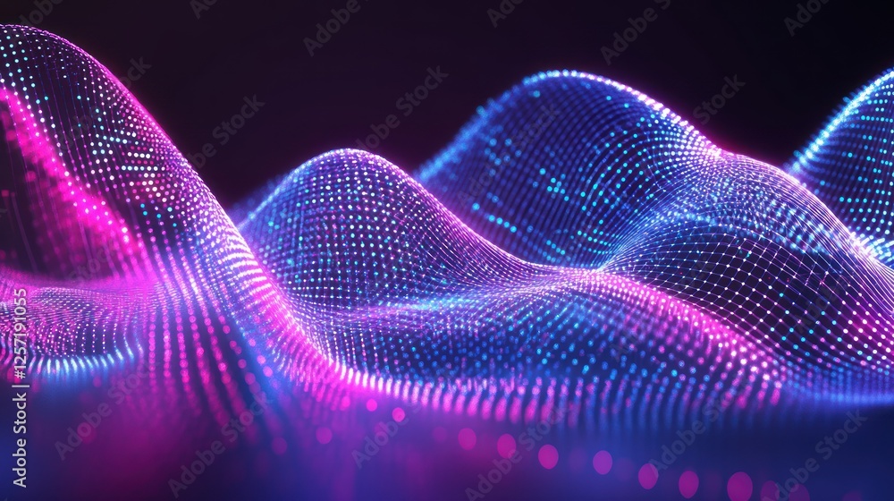 Aufkleber abstract illuminated landscape with flowing digital waves and particles