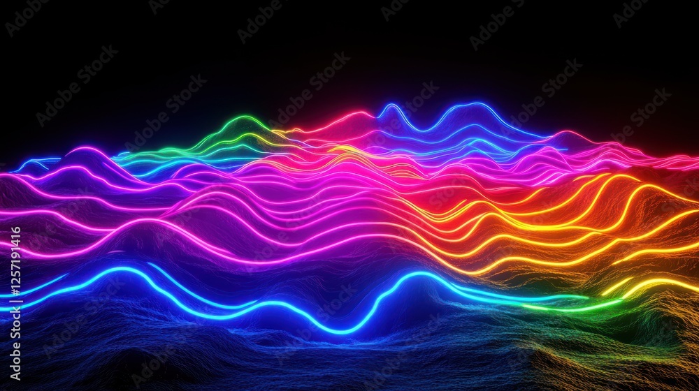 Poster abstract colorful neon lines creating topographical landscape on black background