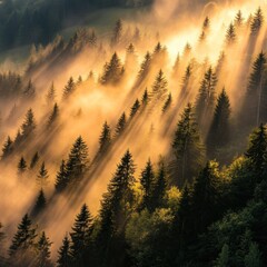 Misty forest illuminated by golden sunlight streaming through trees