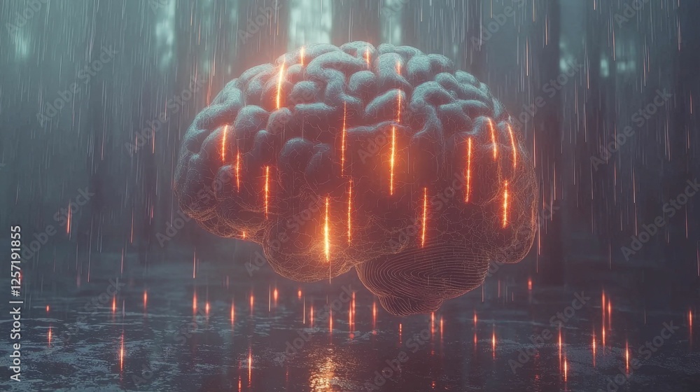 Poster abstract visualization of a brain surrounded by a rainy forest atmosphere with glowing lines