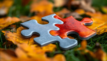 Photo Two Puzzle Pieces Autumn Leaves Grass Connection Solution