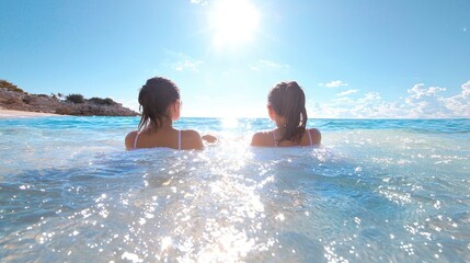 Two girls relaxing in shallow ocean water, sunny beach background, potential for travel/vacation stock