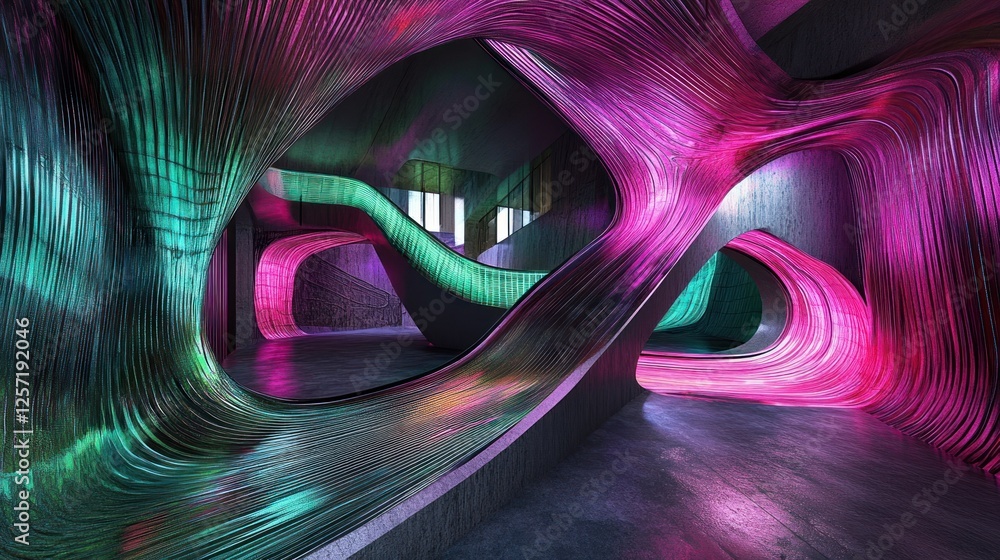 Poster futuristic interior showcases looping structures illuminated with vivid neon colors