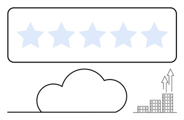 Five stars above a cloud with upward-growing bar charts, symbolizing quality review, cloud computing, and growth. Ideal for quality assurance, feedback, success, data, cloud storage analytics