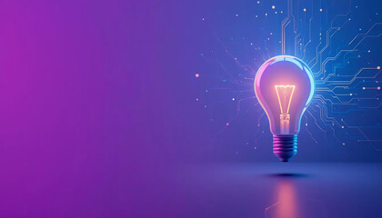 A futuristic glowing lightbulb with circuit lines extending from it on a solid background with copy space.  Ideal for tech branding, startup concepts, and digital innovation themes.