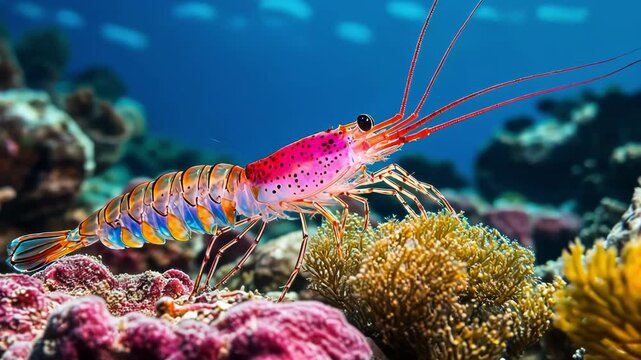 A vibrant shrimp stands amidst colorful coral in the ocean.