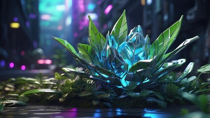 A digital rendering of a young green plant sprouting from the soil