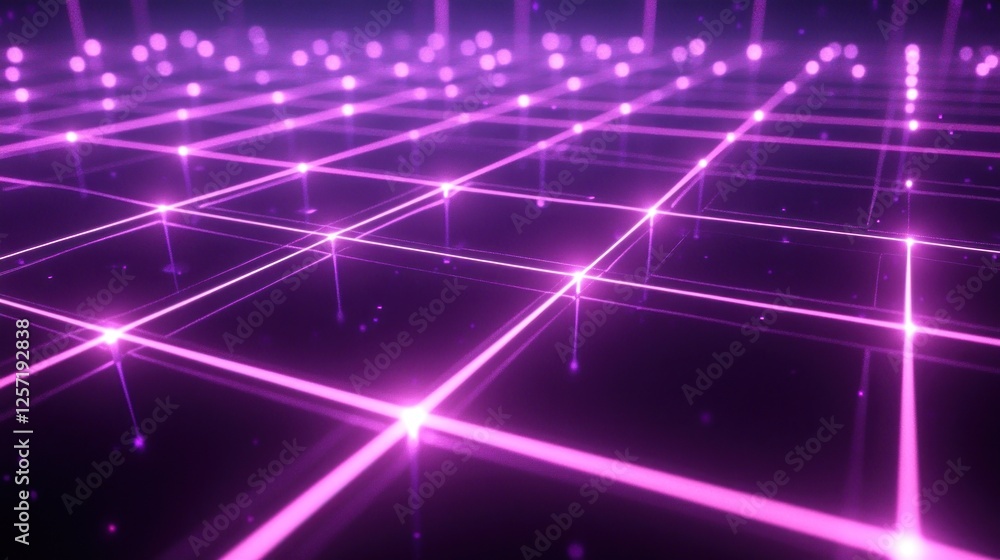 Poster glowing purple grid with light points receding into the distance