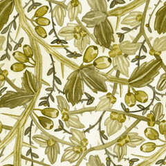 Naklejka premium Seamless watercolor pattern of beige barberry, decorative nettle, mint. Hand painted vintage background. Rustic design for textile, packaging, covers, fabric. Old-fashioned folk ornament.