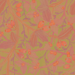 Seamless watercolor pattern of beige barberry, decorative nettle, mint. Hand painted vintage background. Retro design for textile, packaging, covers, fabric. Old-fashioned folk ornament in pale color.