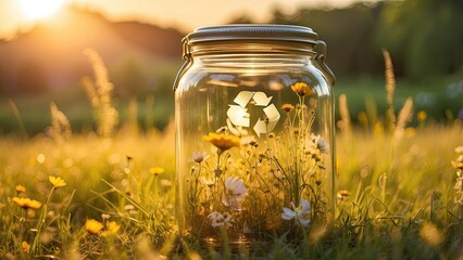 A glass jar with the recycling symbol on it