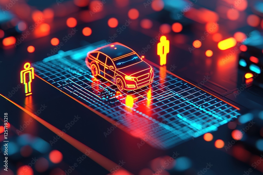 Poster autonomous driving concepts. futuristic car design with digital elements and glowing figures.