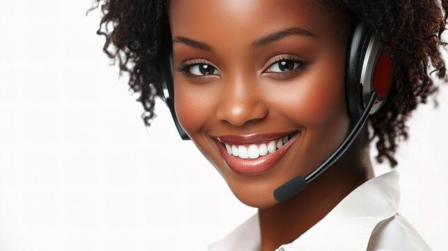 Smiling Call Center Employee Using Headset in Isolated Environment