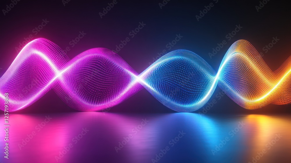 Poster glowing waves flow across a reflective surface in vibrant colors