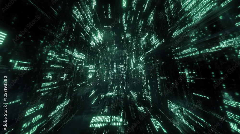 Poster Data stream flows through cyberspace in a dark tunnel