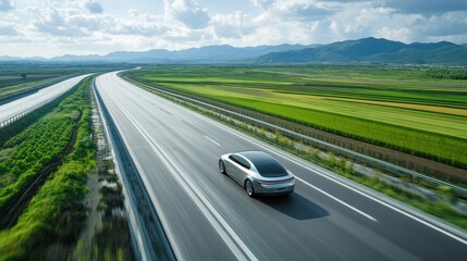 A self-driving car navigates smoothly on an empty highway surrounded by lush fields and mountains
