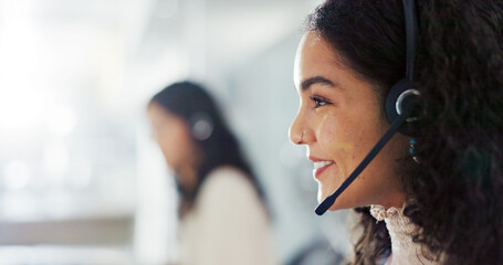 Call center, headset and smile with woman in office for flight booking, customer support and itinerary planning. Travel agent consulting, help desk and vip program with person in tour guide agency