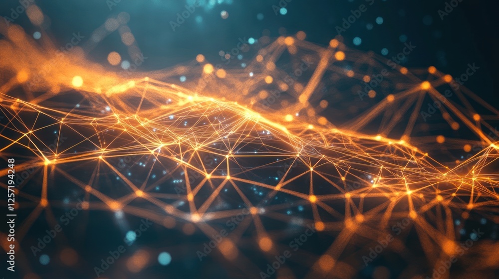 Poster Abstract network structure with interconnected orange and blue glowing points