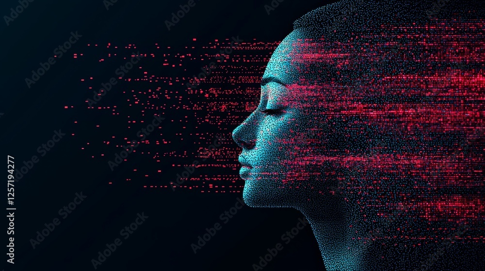 Poster abstract digital representation of a woman’s profile with dynamic glowing particles in blue and red 