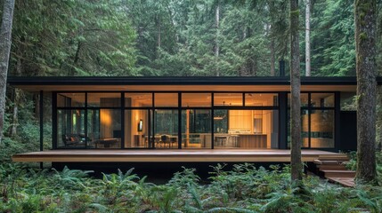 Modern home nestled amongst tall trees in pacific northwest