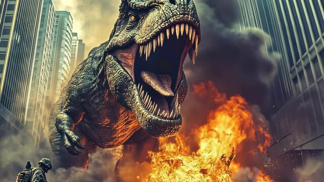 A soldier faces a massive T-Rex amidst flames and smoke in the city.