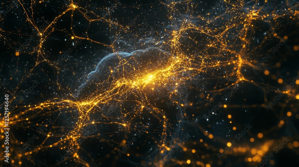 Poster ethereal cosmic network with glowing particles and interconnected energy lines in a dark universe