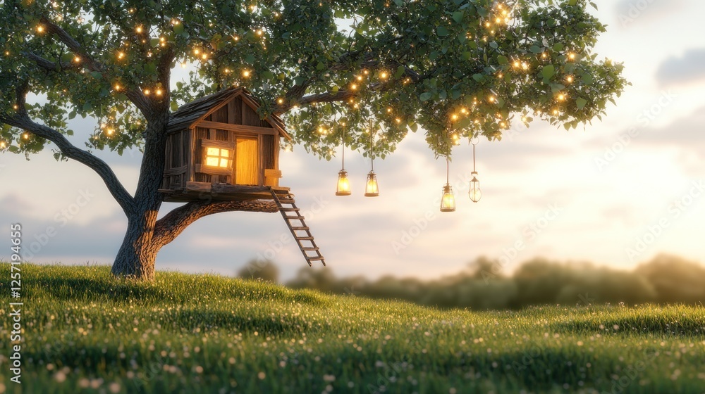 Poster a charming treehouse illuminated by fairy lights and hanging lanterns