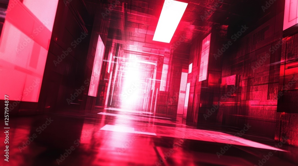 Poster abstract corridor with vibrant red lighting and reflective surfaces