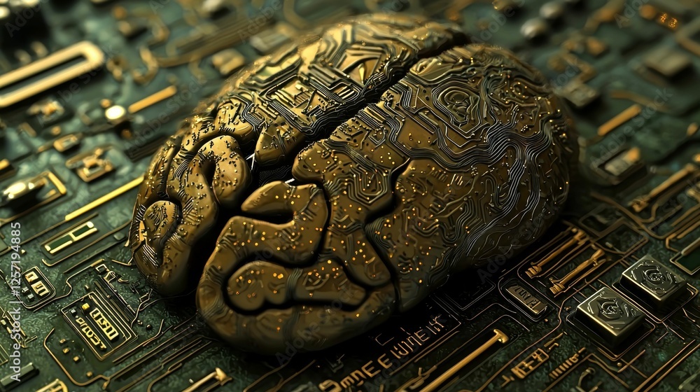 Poster futuristic brain design with circuit patterns on metallic background, illustrating technology and in