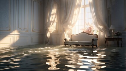A bright room with pale walls partially flooded with water.