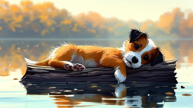 A puppy clings to a log floating in the current.