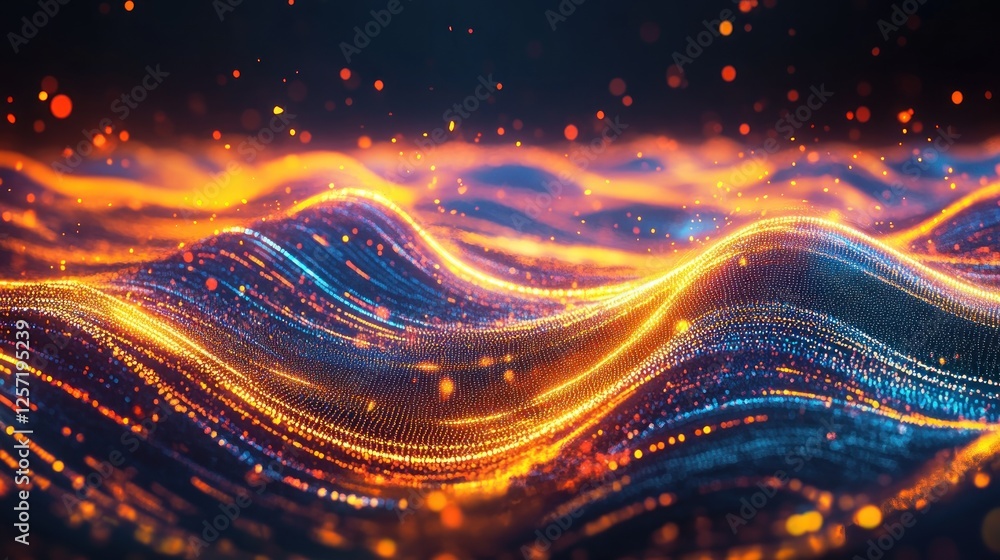 Aufkleber Glowing particle waves flow gracefully across a dark abstract field