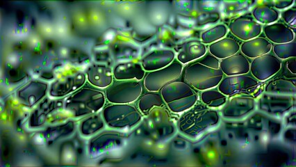 A close-up of a green, honeycomb-patterned, ribbon-like structure amidst a lush