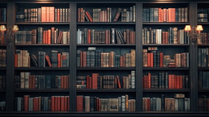 Classic library bookshelf, books, interior, study, dark wood, elegant, knowledge, learning, background, education