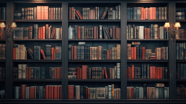 Classic library bookshelf, books, interior, study, dark wood, elegant, knowledge, learning, background, education