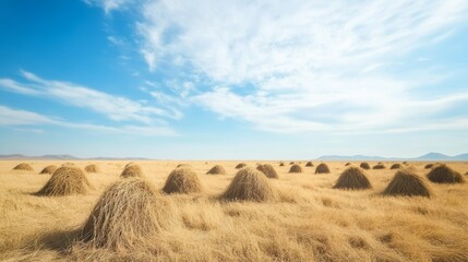 Fototapeta premium Dry grass bundles dot a vast field under a bright blue sky, forming a picturesque summer landscape. 