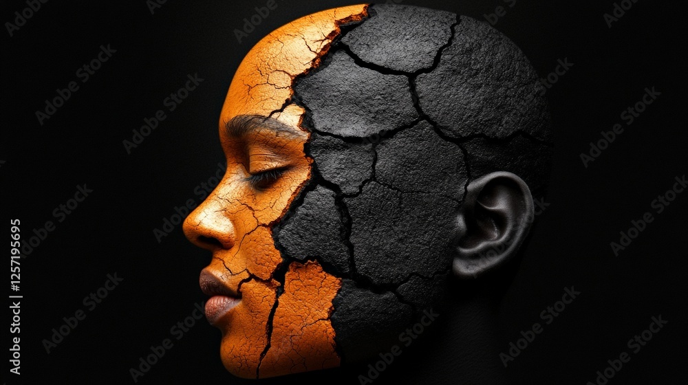Poster artistic representation of split face with contrasting textures