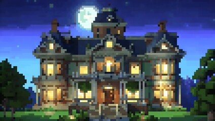 Obraz premium A grand Victorian mansion exterior at night pixel art background. 8-bit game assets