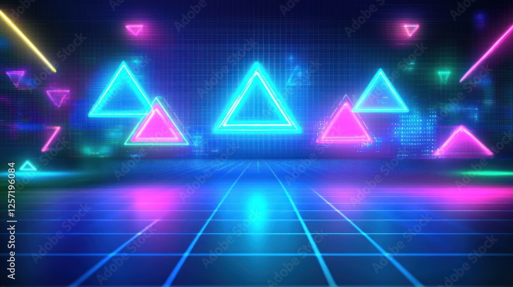 Aufkleber Neon triangles hover above a grid in a virtual space