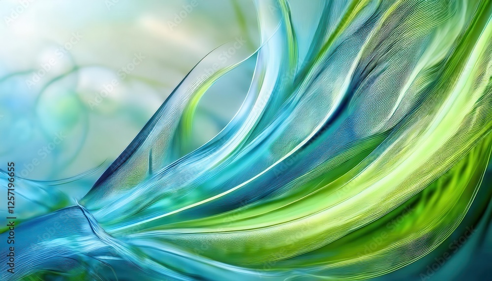 Poster ethereal abstract flow in blue and green hues with dynamic light textures, perfect for modern design and digital art projects

