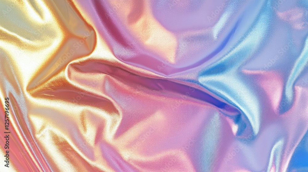 Poster shimmering iridescent fabric drapes with colorful reflections and folds