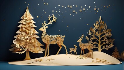 Golden 3D Christmas Scene with Tree and Deer, Perfect for Text Overlay
