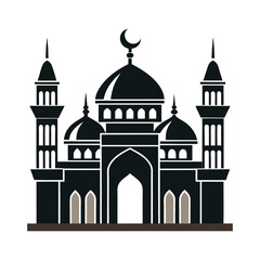 Mosque Icon: A simple yet powerful black and white silhouette of a mosque with minarets and a crescent moon, symbolizing faith, spirituality, and the architectural beauty of Islamic design